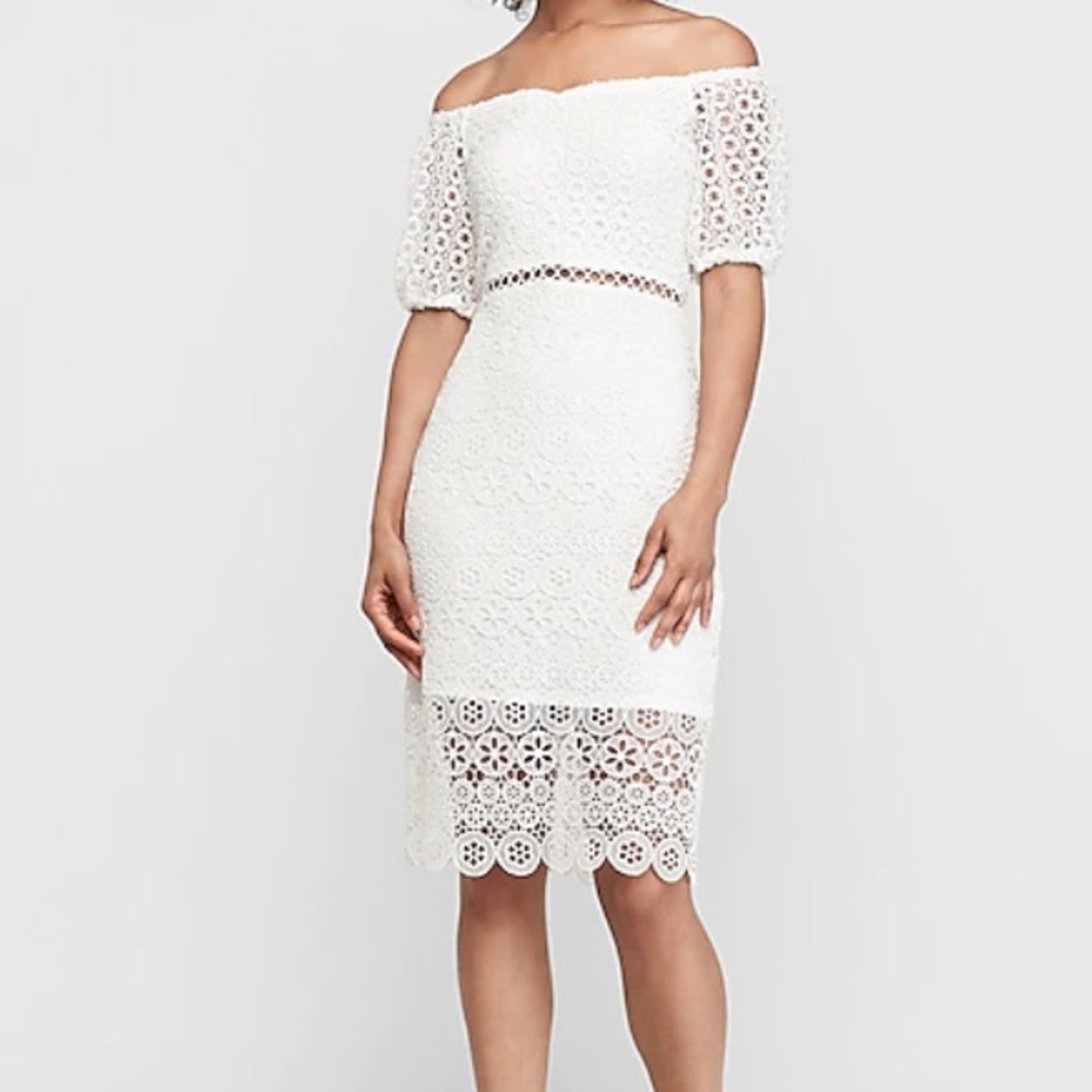 Express Off The Shoulder Crochet Lace Midi Dress